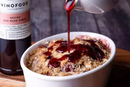 Apple & Black Cherry Crumble With Spiced Red Wine Syrup